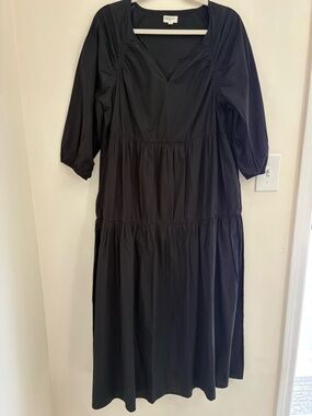 World Market Black Cotton Poplin Midi Dress Ruched Boho S/M Minimalist cottage
